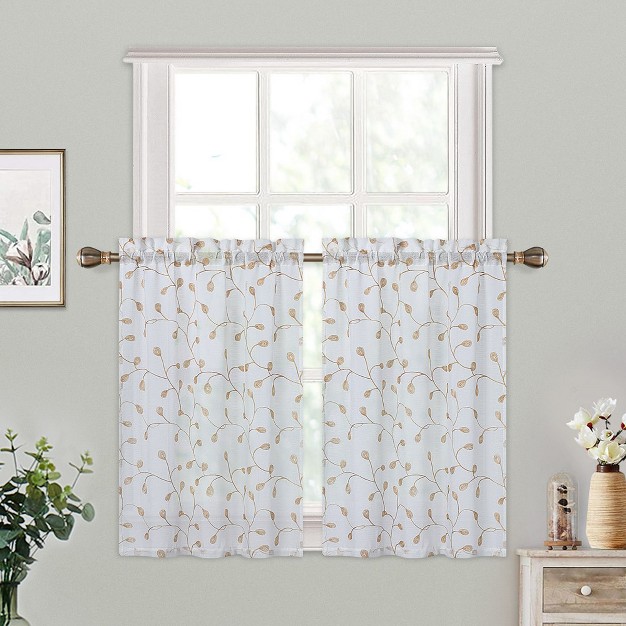 Trinity Tier Floral Kitchen Curtains Embroidered Set For Half Window 2 Panels