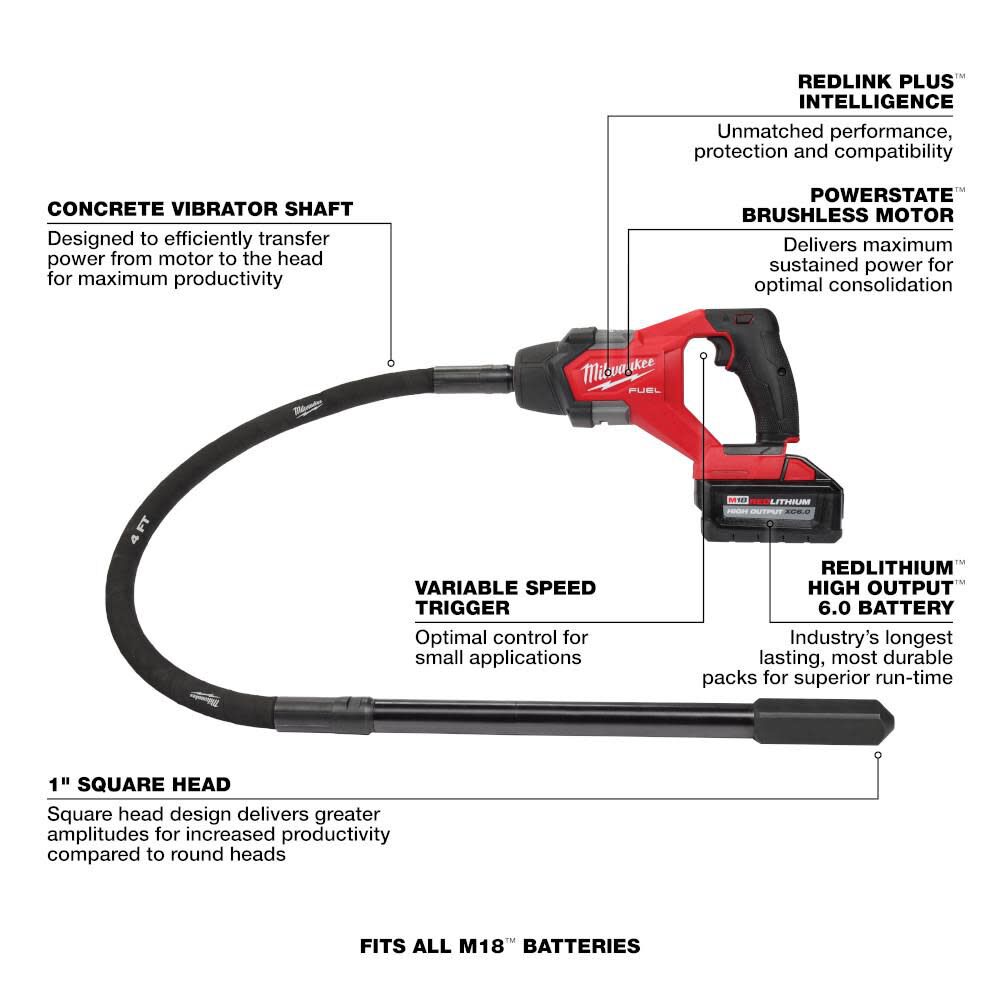 Milwaukee M18 FUEL 4' Concrete Pencil Vibrator Kit 2910-21 from Milwaukee