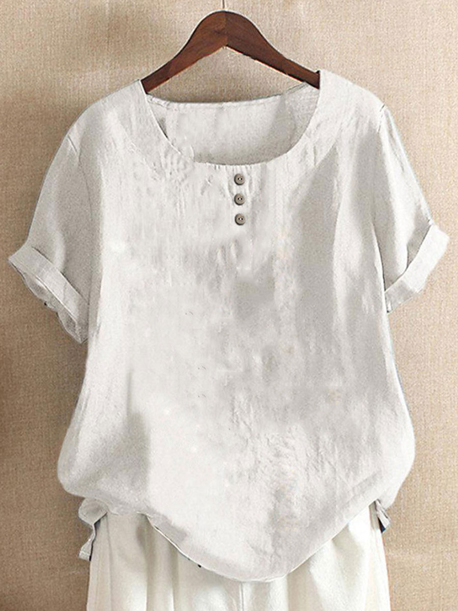 Round Neck Casual Loose Solid Color Summer Short-sleeved Blouse