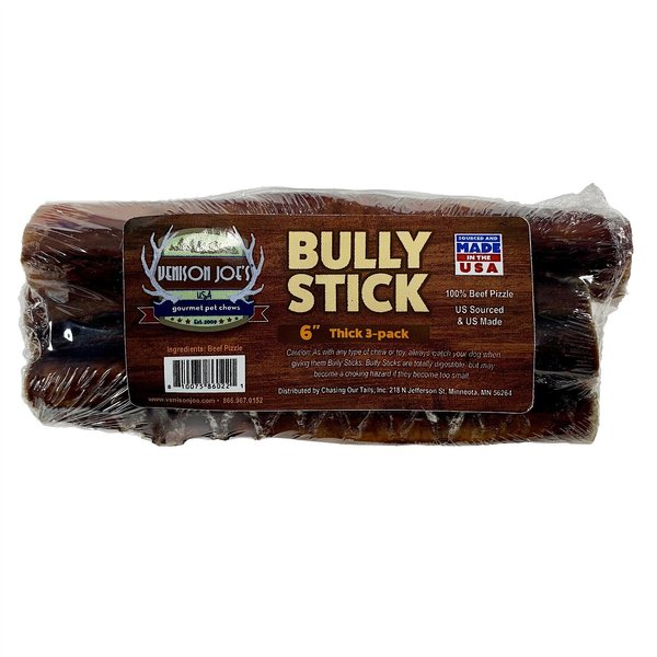 Venison Joe's Thick Dog Bully Stick， 3 count， 6-in