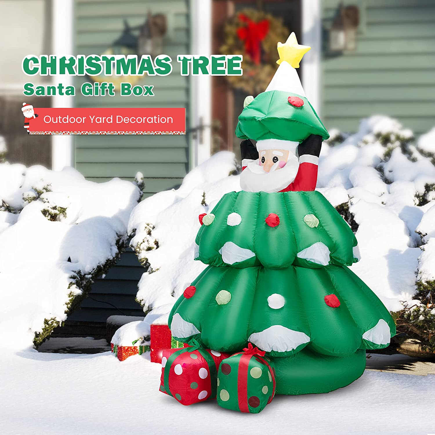 VIVOHOME 6ft Height Inflatable LED Lighted Christmas Tree with Pop up Santa and 2 Gift Boxes Blow up Outdoor Yard Decoration