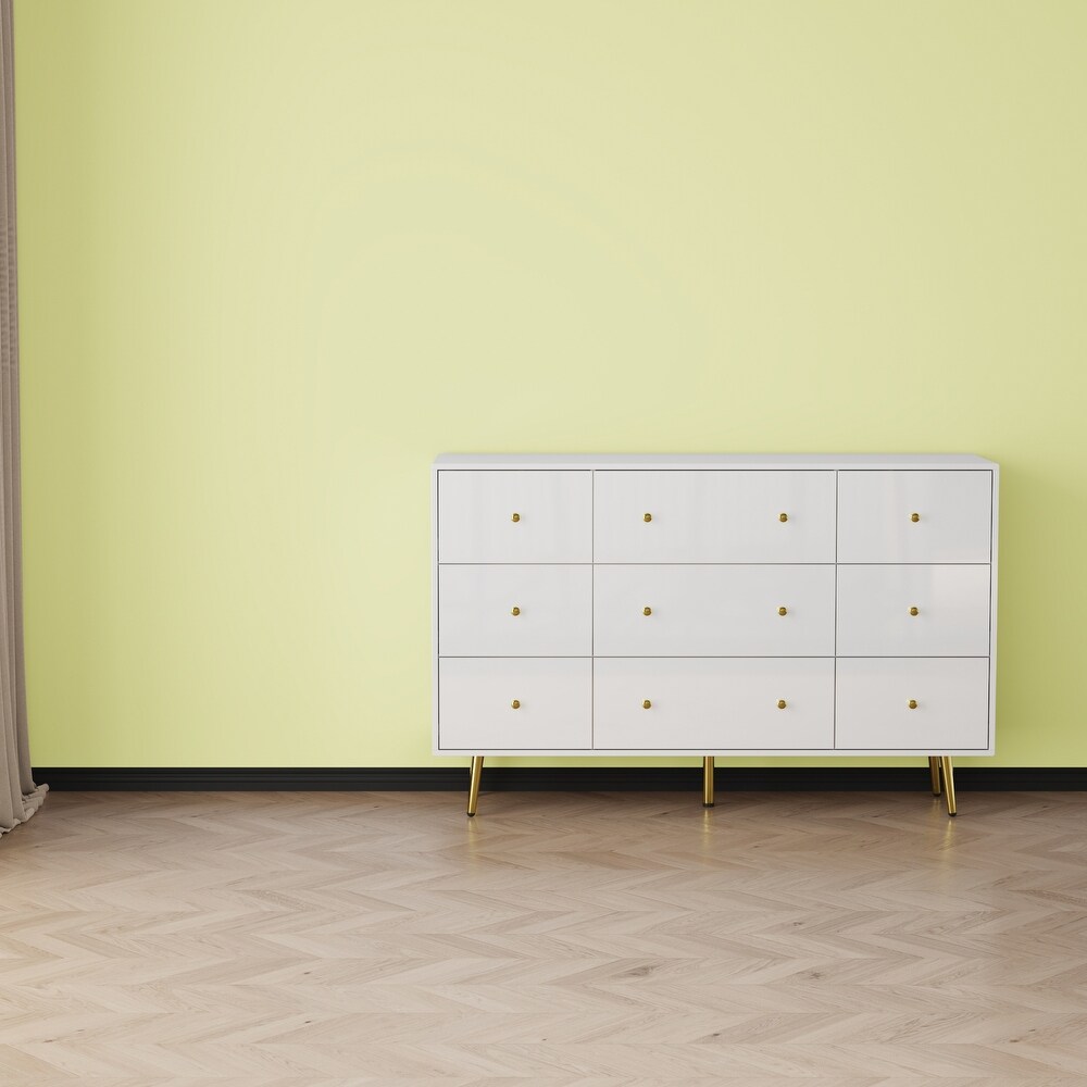 Contemporary 9 Drawer Dresser   High Gloss Finish with Gold Legs Chest