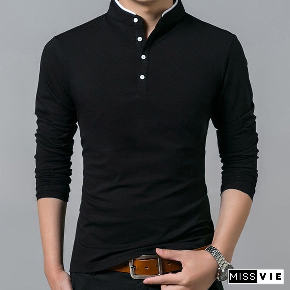 Liseaven T-Shirt Men Cotton T Shirt Full Sleeve tshirt Men Solid Color T-shirts tops&tees Mandarin Collar Long Shirt