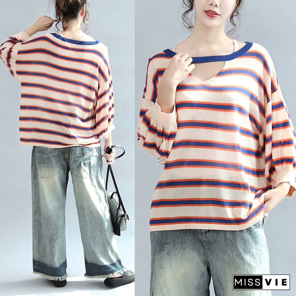 fall blue striped casual cotton blouse oversize v neck tops