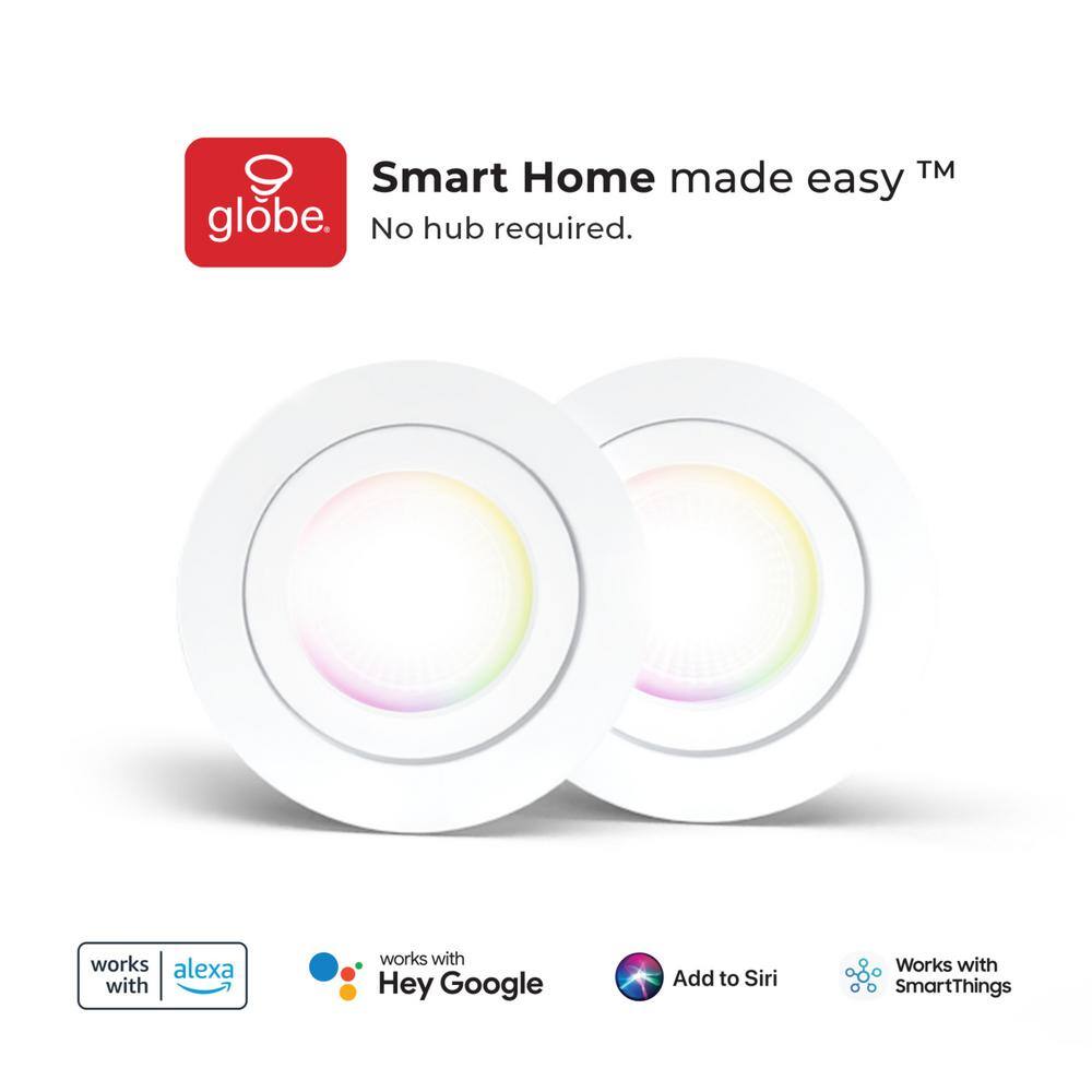 Globe Electric Wi-Fi Smart 4 in. Swivel LED Recessed Lighting Kit 2-Pack Multi-Color Changing RGB Tunable White Wet Rated 50467