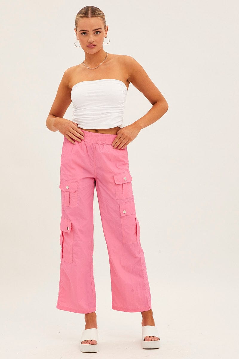 Pink Elastic Waist High Rise Wide Leg Cargo Pants
