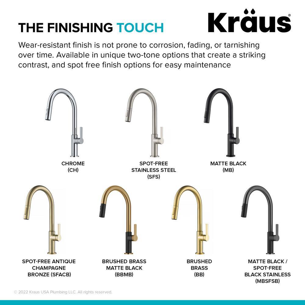 KRAUS Oletto Single Handle Pull-Down Kitchen Faucet in Brushed BrassMatte Black KPF-2820BBMB