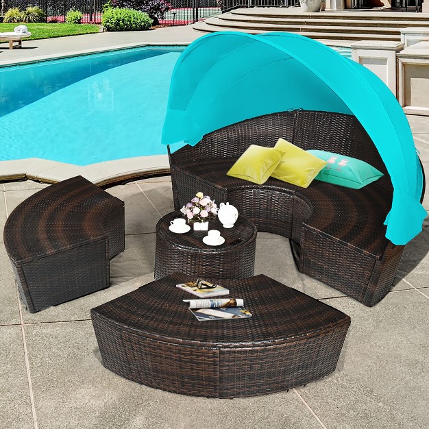 Costway Patio Rattan Daybed Cushioned Sofa Adjustable Table Top Canopy