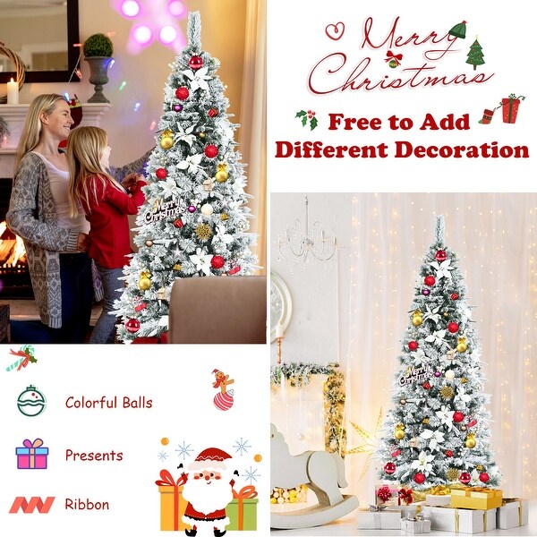 Gymax 5/6/7/8 FT Artificial Snow Flocked Pencil Christmas Tree w/