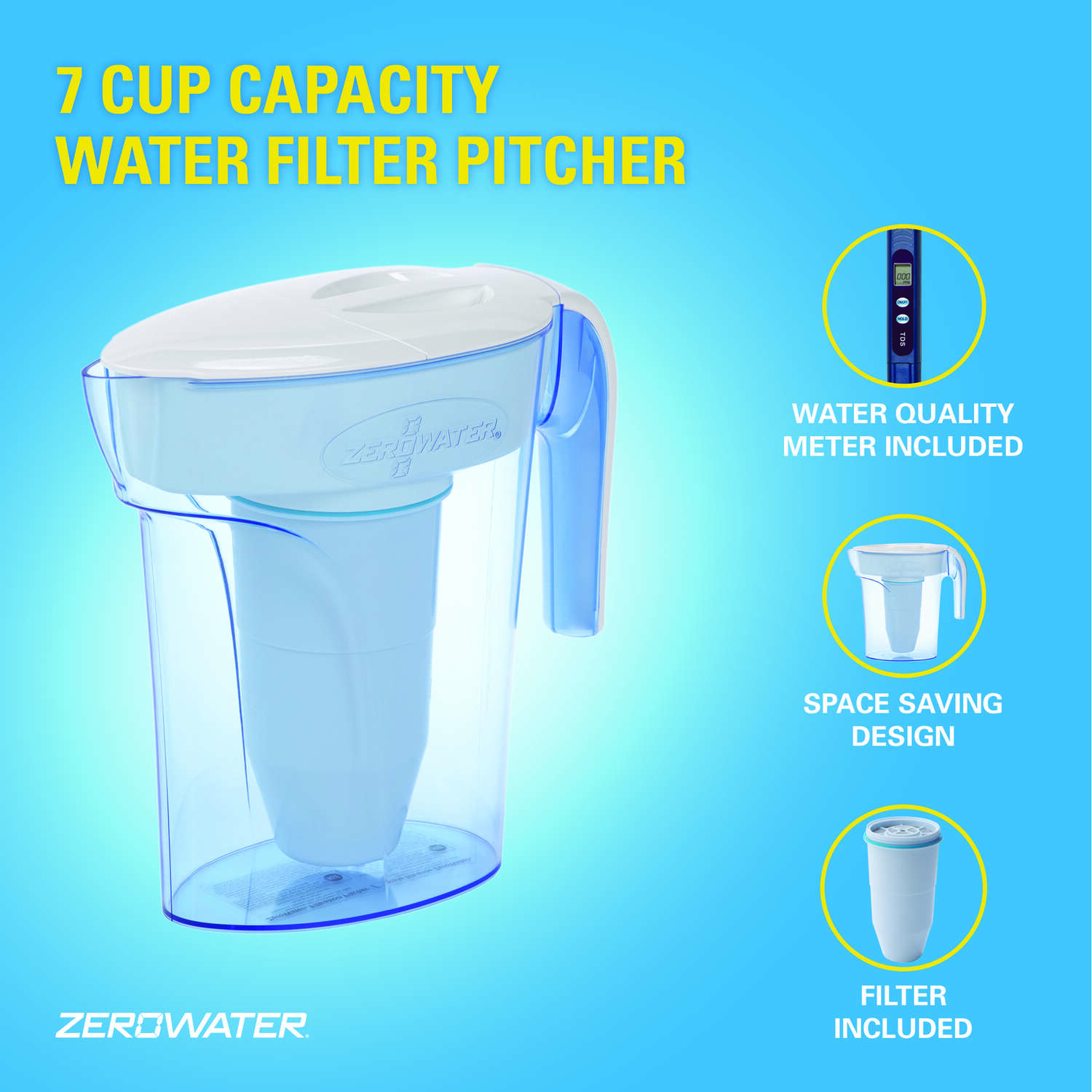 ZeroWater Ready-Pour 7 cups Blue Water Filtration Pitcher