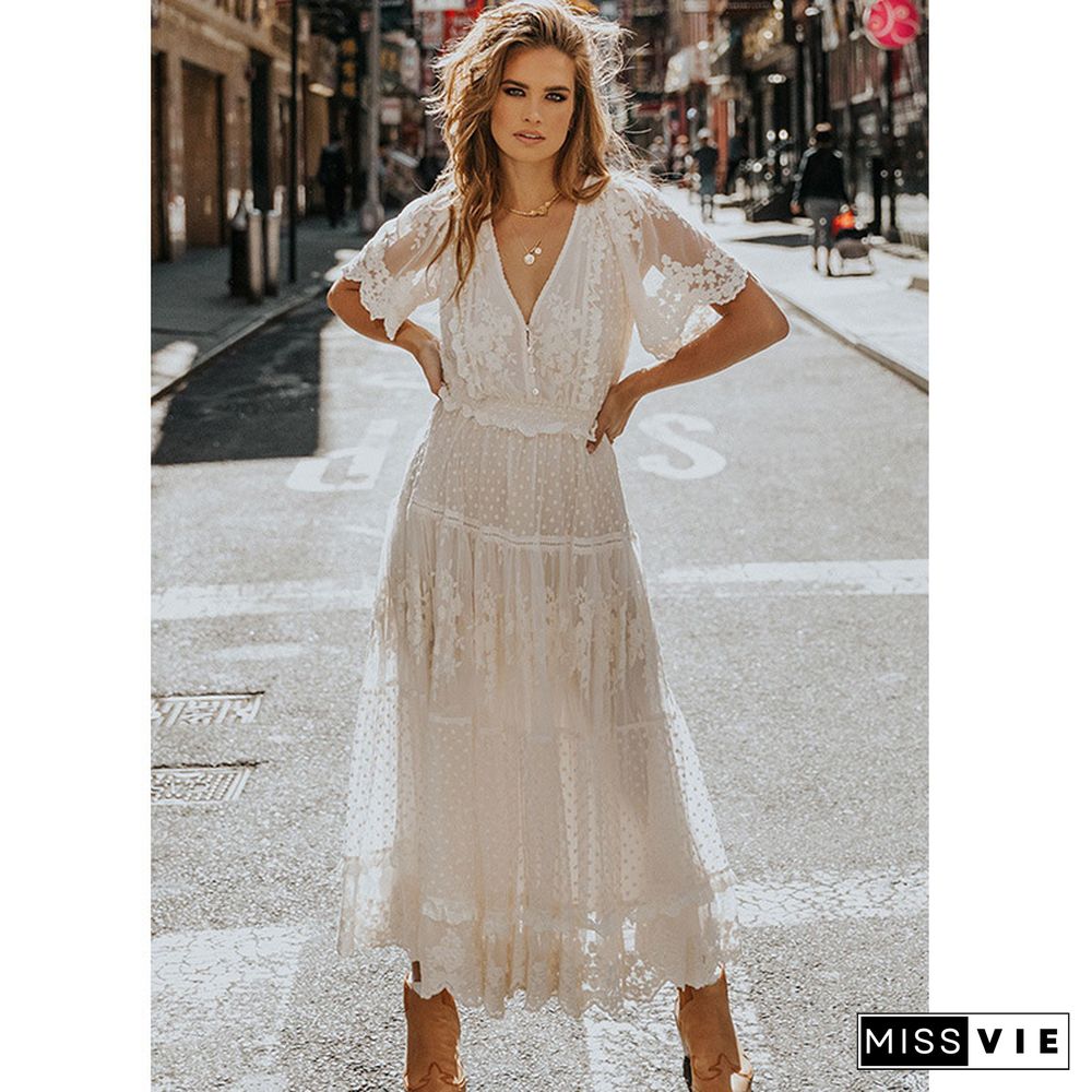 V-neck Short Sleeve Lace Dress White Dresses