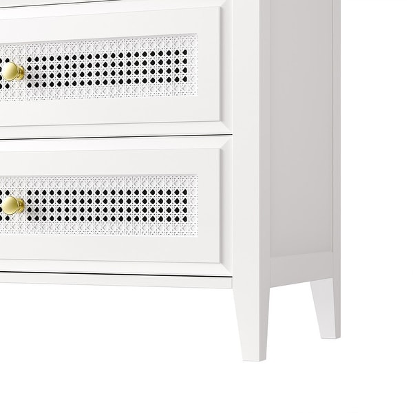 Retro Style 4-Drawer Dresser with Metal Handles， Chest of Drawers with Rattan Panels， Vintage Design Cabinet for Bedroom - - 37952487