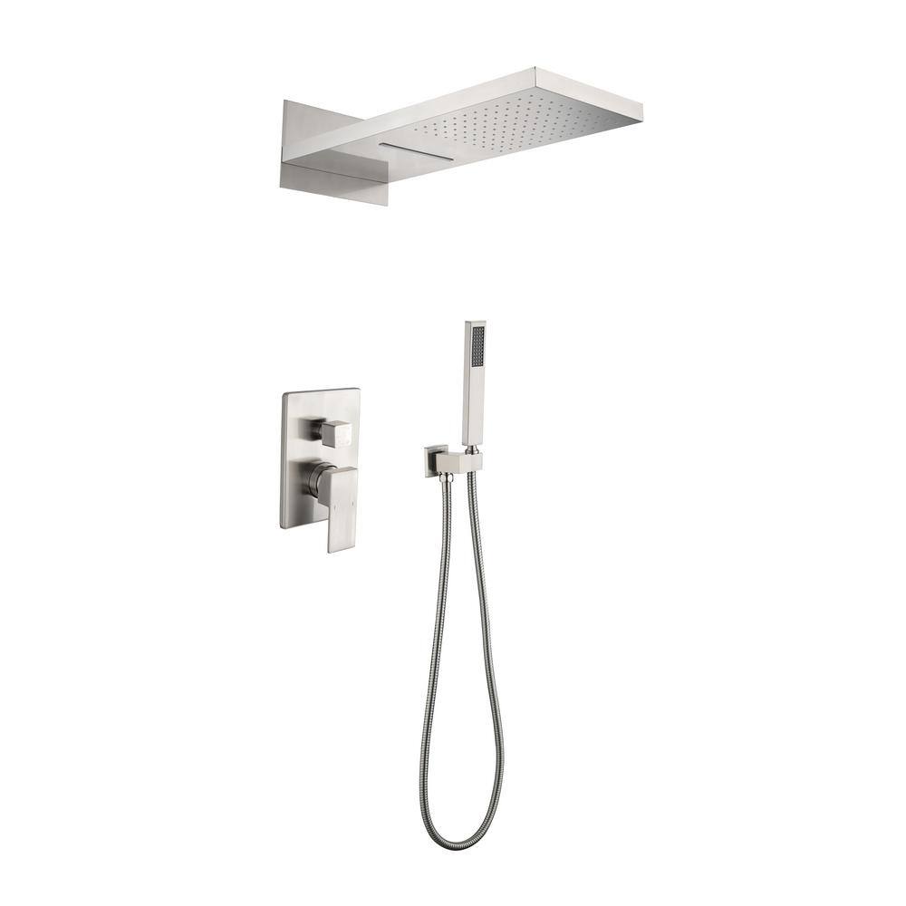 FORCLOVER 2-Spray Waterfall High Pressure Wall Mounted Shower System with Handheld Shower in Brushed Nickel FRIMFTHS011BN