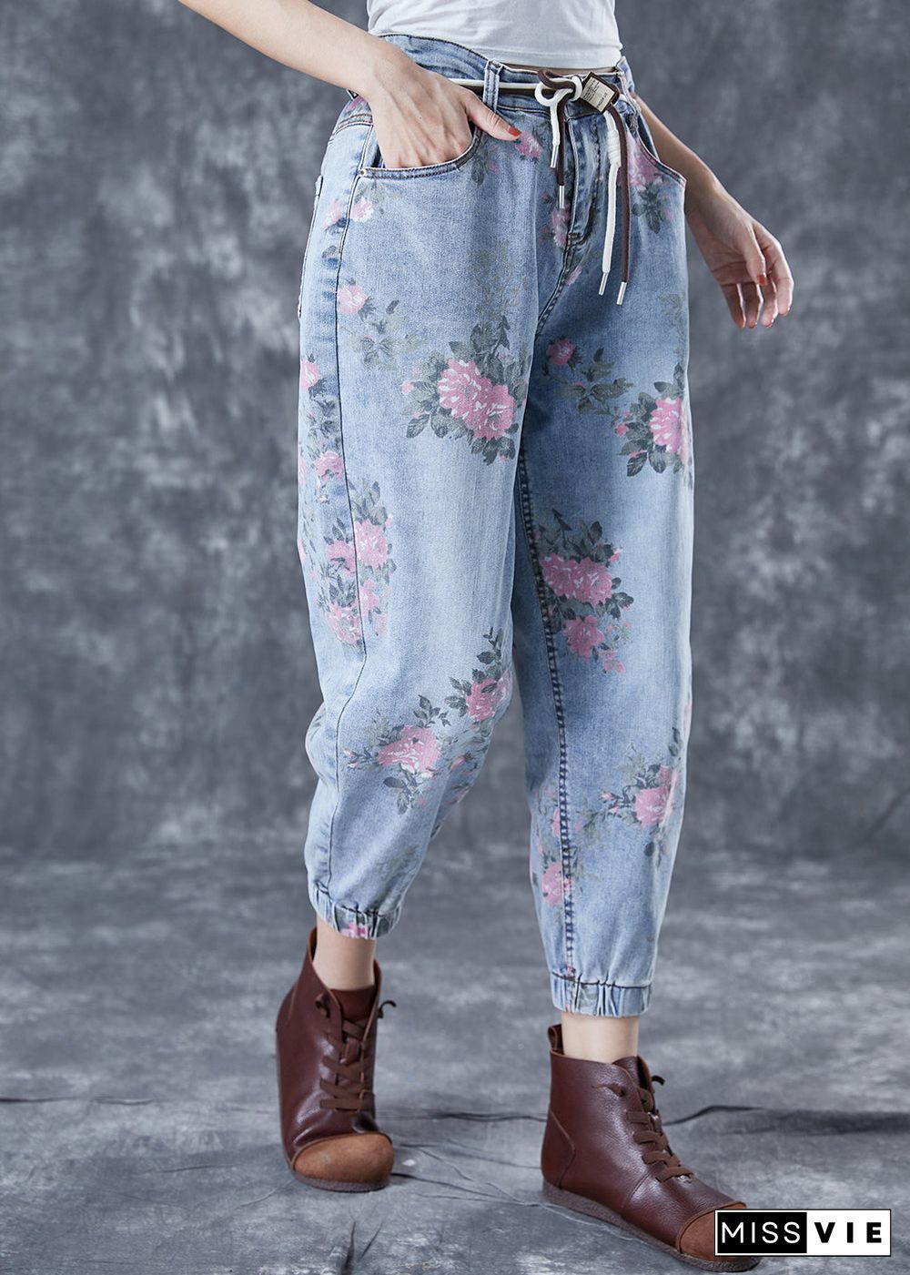 Women Light Blue Elastic Waist Print Denim Harem Pants Summer