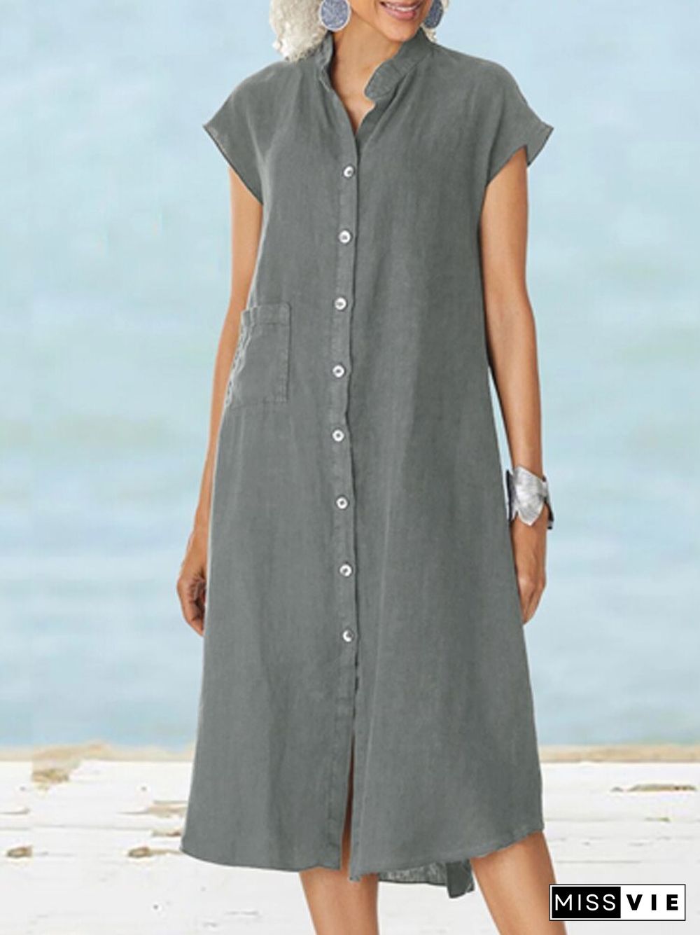 Elegant Casual Cotton Pocket Shirt Dresses Women Solid Single Breasted Office Dress Summer Stand Collar Short Sleeve Loose Dress