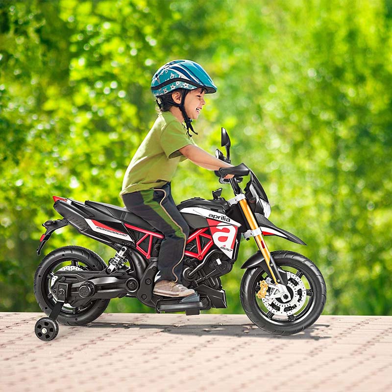 Licensed Aprilia Kids Ride on Motorcycle 12V Battery Powered Dirt Bike Riding Toy Motorbike with Training Wheels