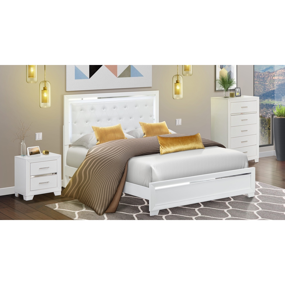 East West Furniture Pandora Wooden queen bedroom set with a queen bed frames White Finish(Pieces Option)