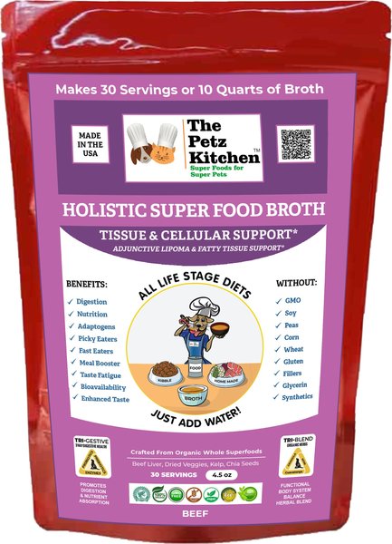 The Petz Kitchen Holistic Super Food Broth Tissue and Cell Support Beef Flavor Concentrate Powder Dog and Cat Supplement， 4.5-oz bag