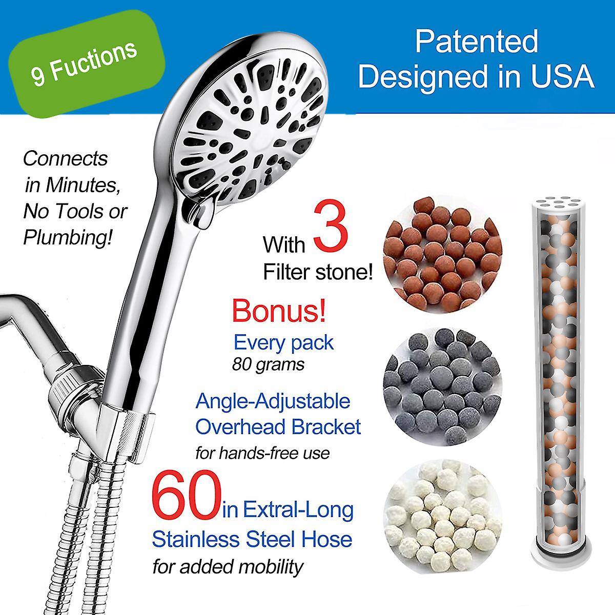 Alphyse High Pressure Handheld Shower Head，9 Spray Modes Water Saving Shower Head With Handheld，4.7 Face Massage Handheld Shower Head With Hose(60 Inc