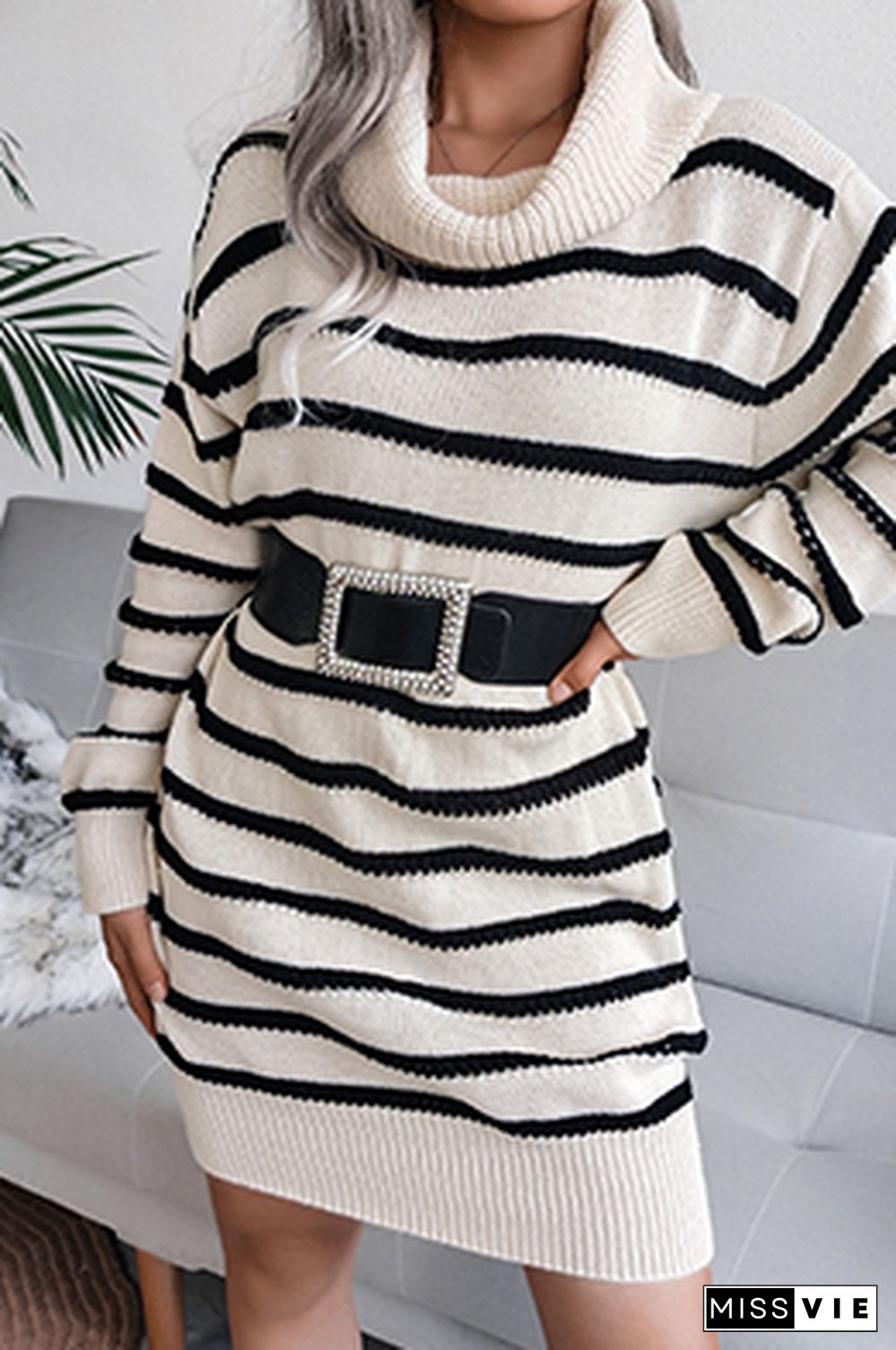 Casual Striped Split Joint  Contrast Turtleneck Dresses  (Without Belt)