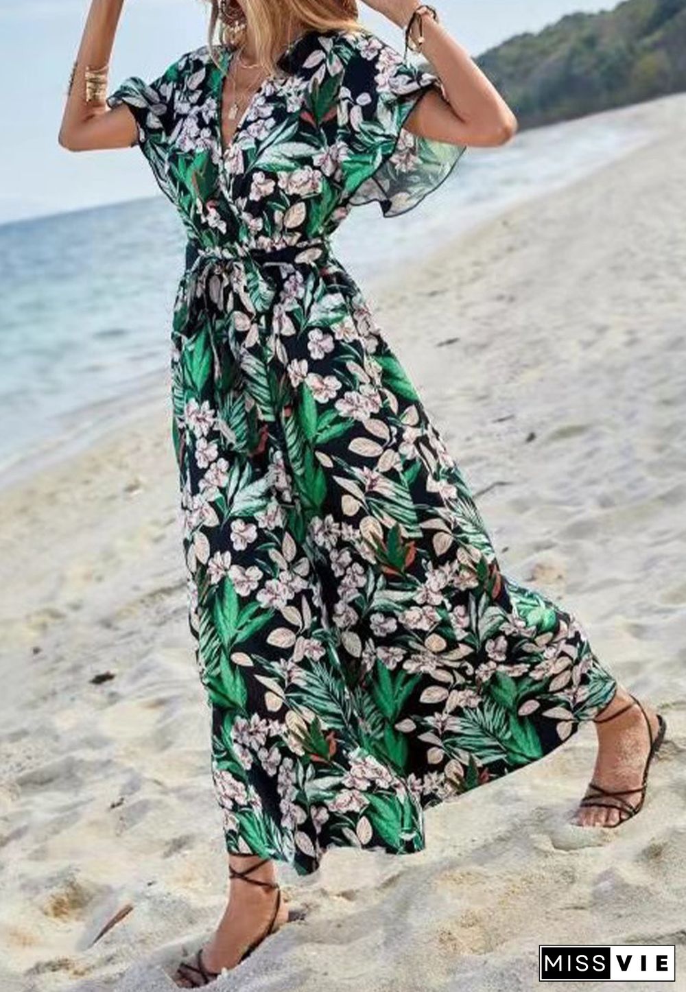 Tropical Floral Print Slit Dress