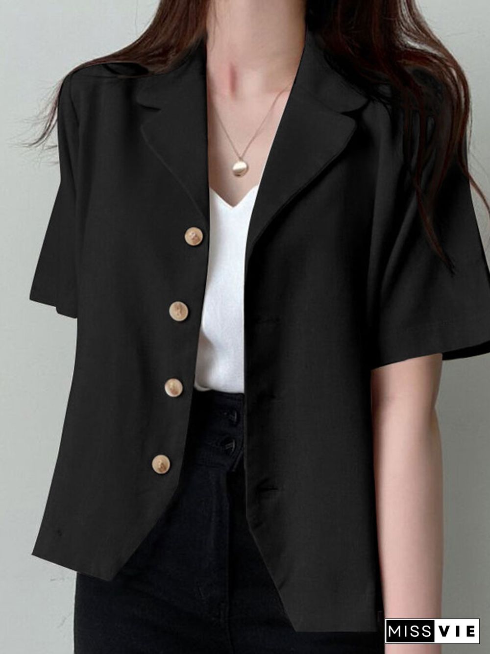 Solid Button Front Lapel Short Sleeve Casual Blazer