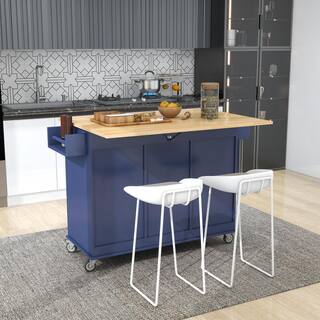 Aoibox Dark Blue Solid Wood Top 52.7 in. W Rolling Mobile Kitchen Island with Drop Leaf Locking Wheels and Storage Cabinet SNSA11IN015