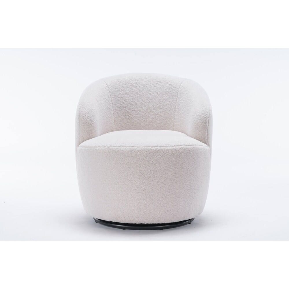 Ivory White Barrel Chair Teddy Fabric Swivel Accent Armchair with Black Powder Coating Metal Ring