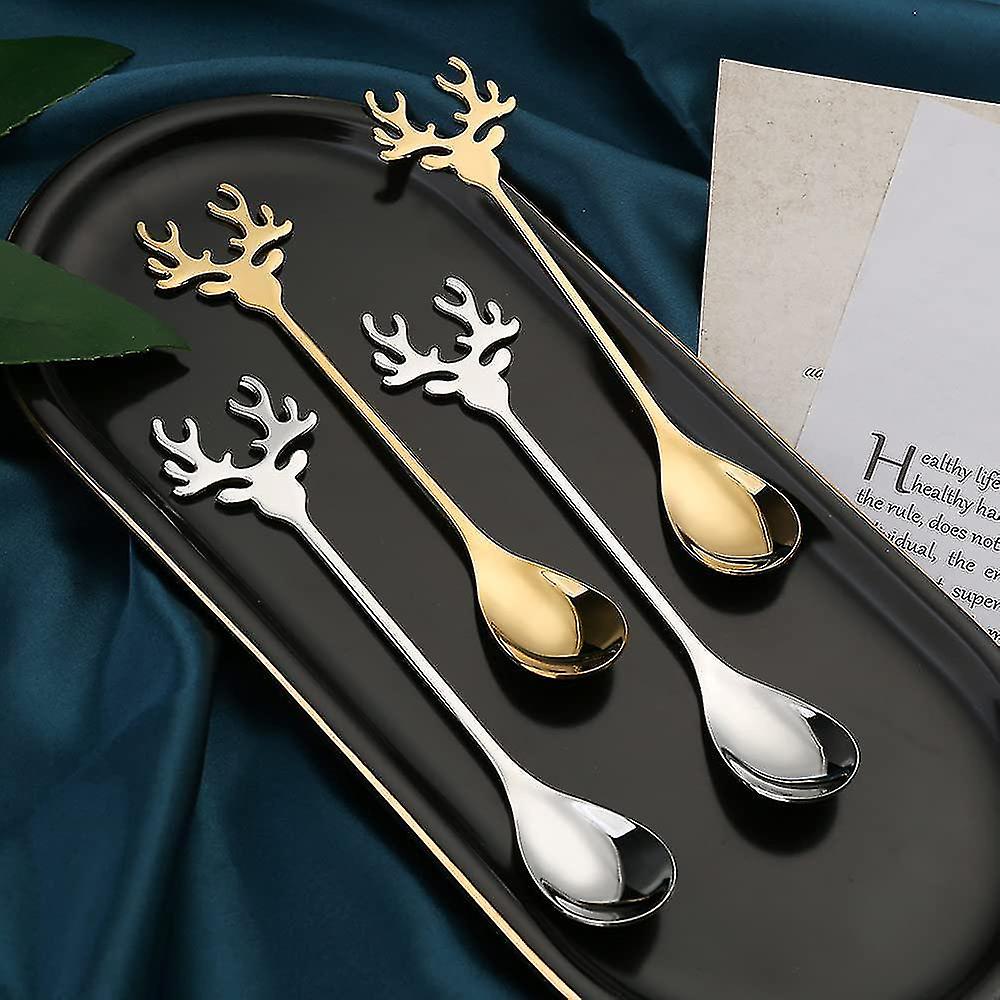 Elk-shaped Stainless Steel Dessert Spoon Coffee Stirring Spoon (silver) 6 Pieces (d-b2)