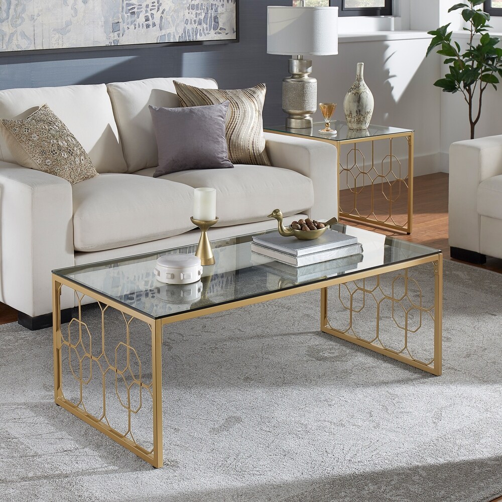 Elle Octagon Pattern Gold Metal and Glass Table by iNSPIRE Q Bold