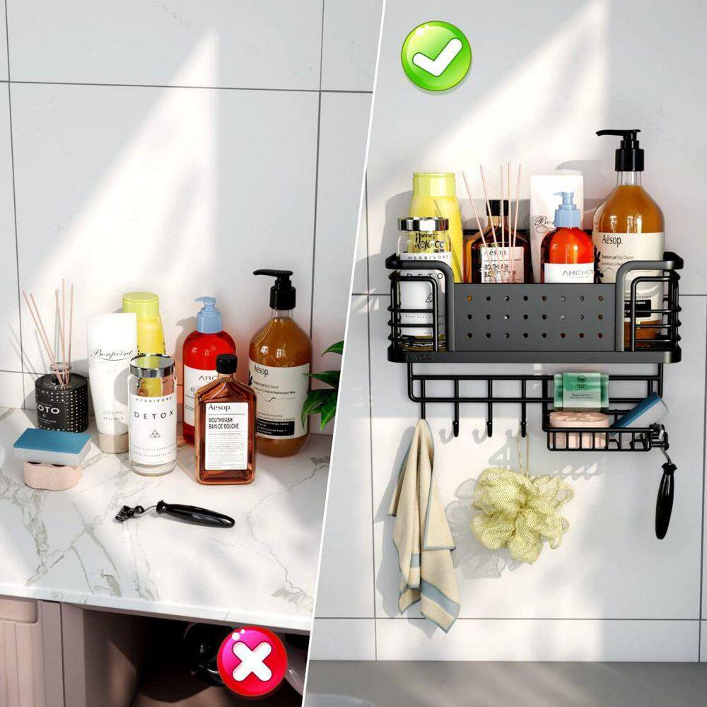 Dracelo Black Stainless Steel Bathroom Adhesive Shower Caddy Shelf with Soap Holder B09H2M6GX6