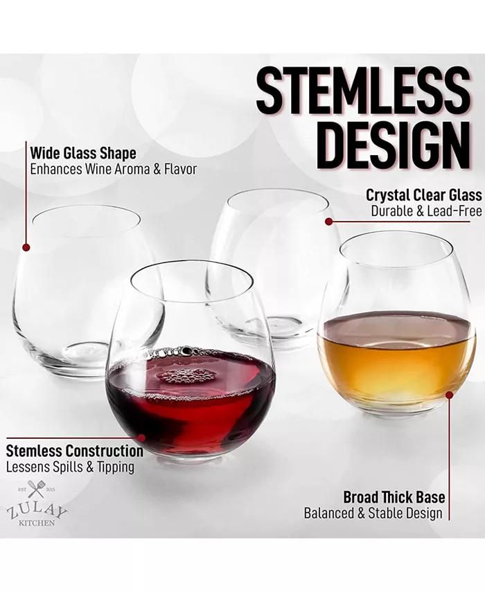 Zulay Kitchen 4 Piece Stemless Wine Glasses Set - Perfect For Wine and Other Cocktails