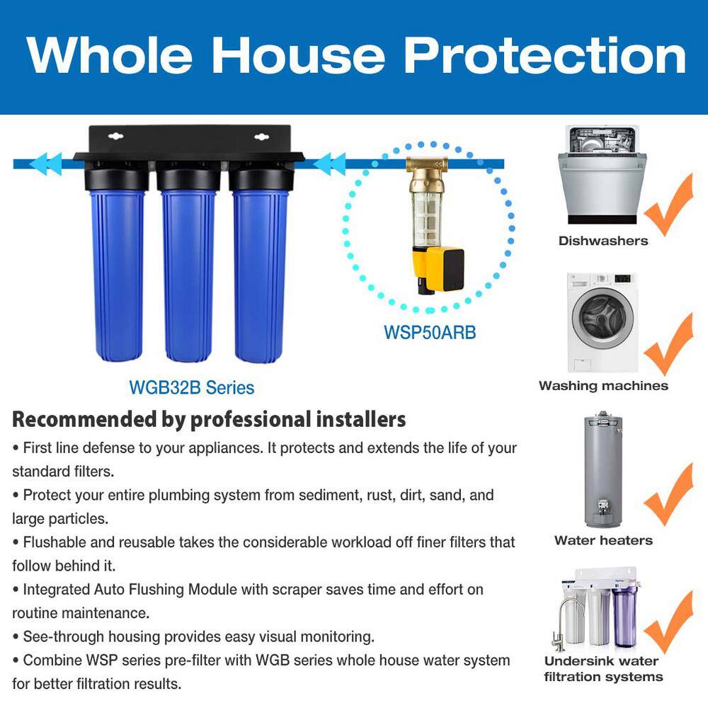 ISPRING 3-Stage Whole House Water Filtration System w 34 in. Push-Fit Stainless Steel Hose Connectors and Ball Valve WGB32B+AHX2