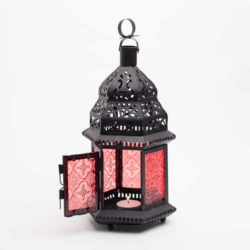 Richland Hanging Moroccan Metal Lantern with Red Embossed Glass