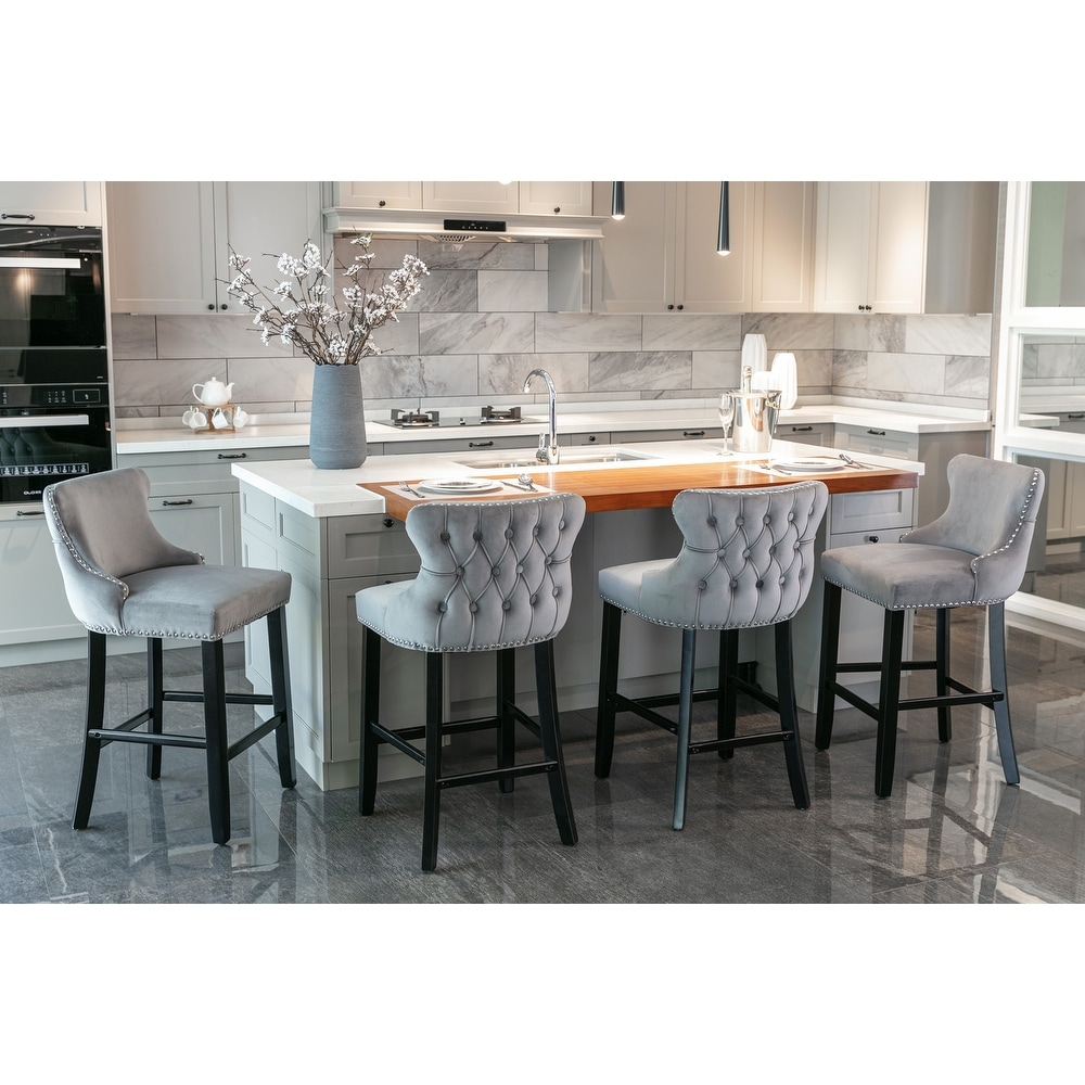 Contemporary Velvet Bar Upholstered Wing Back Barstools with Button Tufted Decoration and Wooden Legs  Set of 4