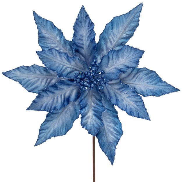 Two Tone Blue Glittered Poinsettia Christmas Stem Spray