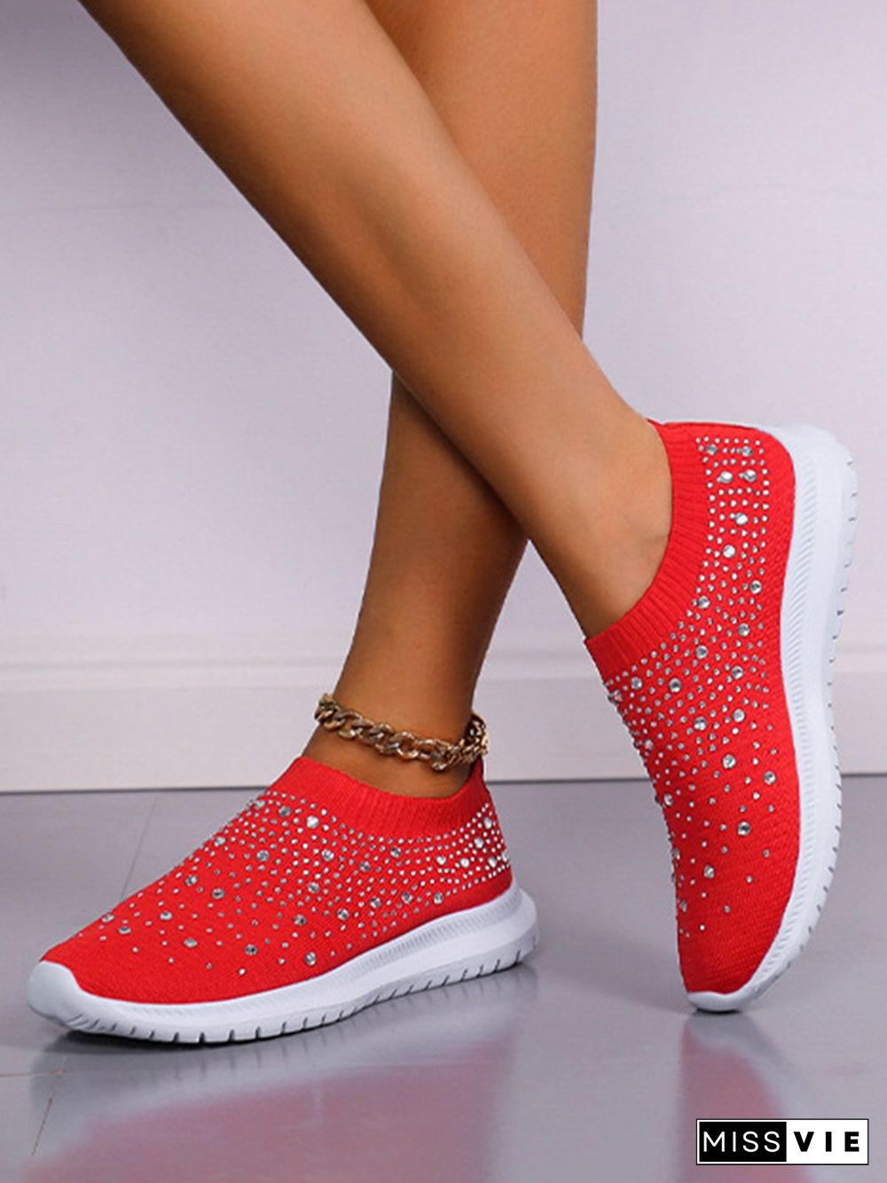 Rhinestone Design Portable Overfoot Lightweight Flyknit Sneakers