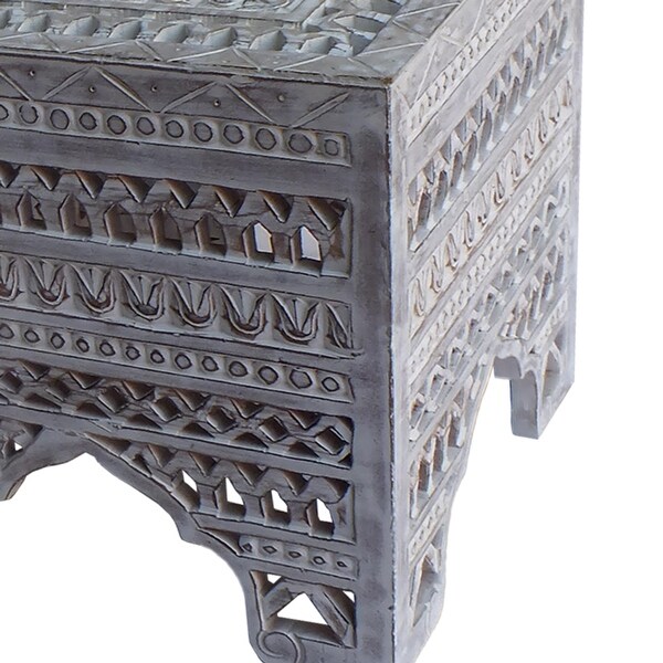 Intricately Carved Square Mango Wood Stool with Cutout sides， Set of 2， Washed White