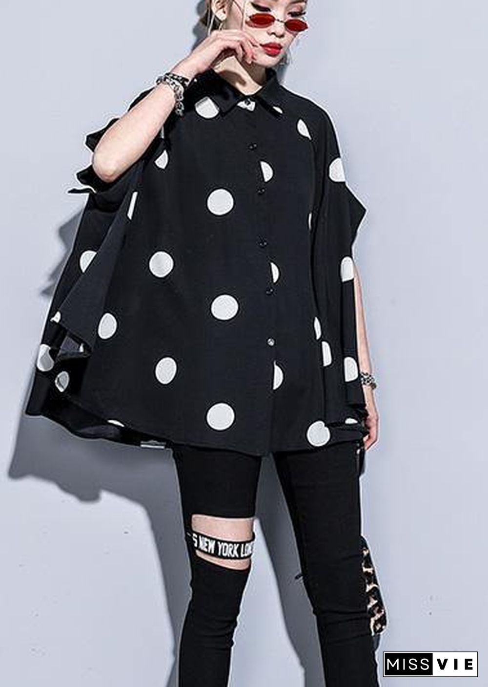 Mu black dotted chiffon clothes For Women 18th Century Catwalk lapel Art Summer Dress