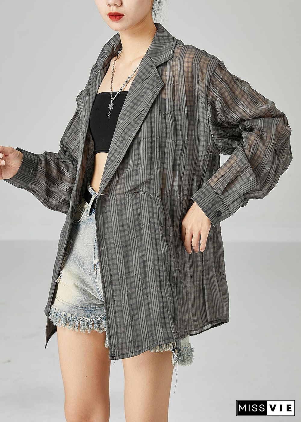 Organic Dark Grey Oversized Striped Wrinkled Linen Shirt Tops Spring