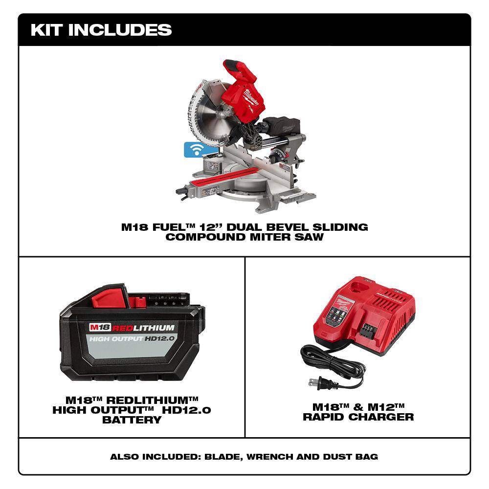 MW M18 FUEL 18V Lithium-Ion Brushless Cordless 12 in. Dual Bevel Sliding Compound Miter Saw Kit with Stand and Battery 2739-21HD-48-08-0551