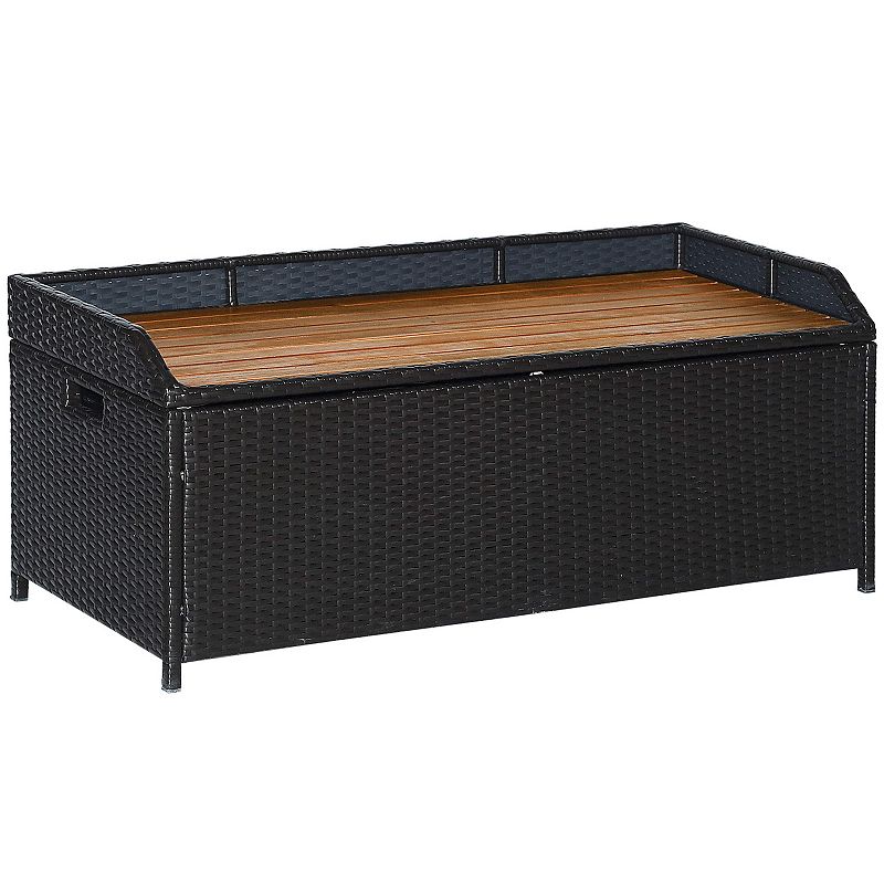 Outsunny Outdoor Storage Bench Wicker Deck Boxes with Wooden Seat， Gas Spring， Rattan Container Bin with Lip， Ideal for Storing Tools， Accessories and Toys， Mixed Grey