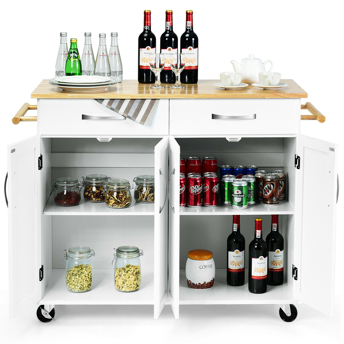 Costway Kitchen Trolley Island Utility Cart Wood Top Rolling Storage Cabinet Drawers White