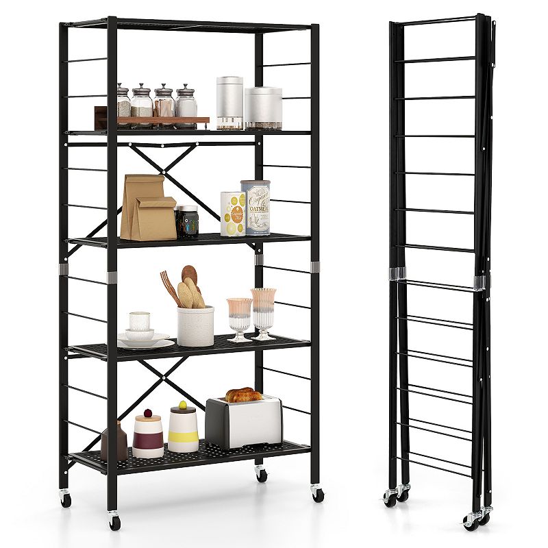 5-tier Adjustable Shelves With Wheels For Garage Kitchen Balcony