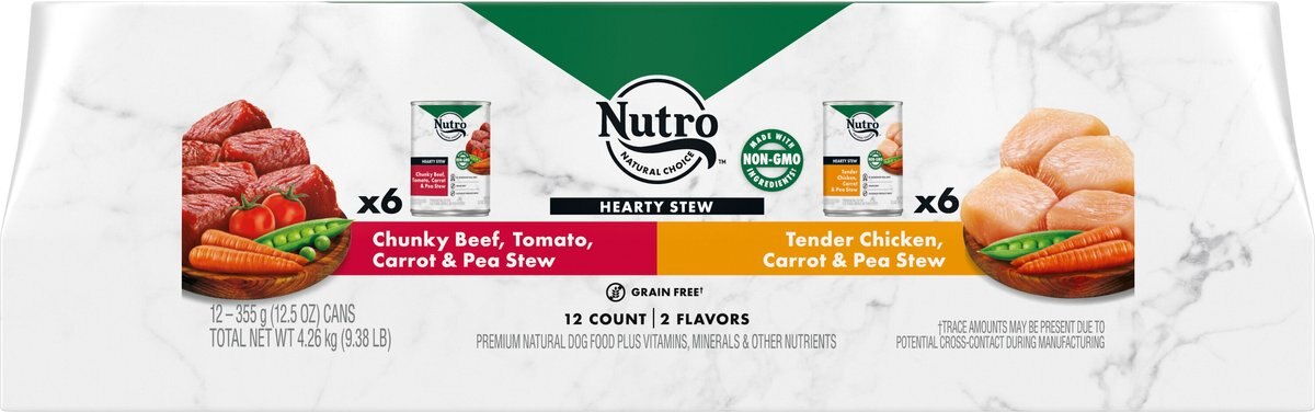 Nutro Hearty Stew Variety Pack Chunky Beef， Tomato， Carrot and Pea Stew and Tender Chicken， Carrot and Pea Stew Wet Dog Food， 12.5-oz can， case of 12