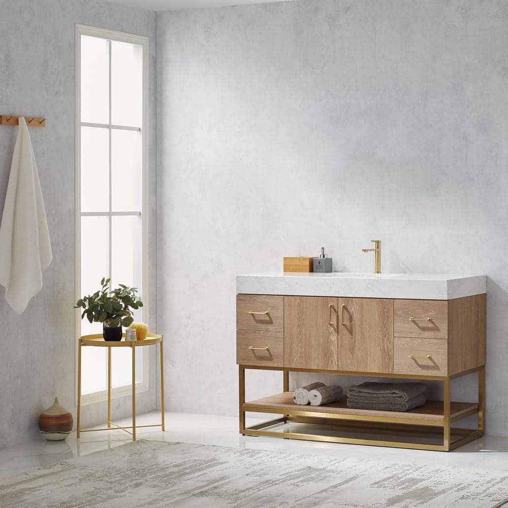 ROSWELL Alistair 48 in Bath Vanity in North American Oak with Grain Stone Top in White with White Basin