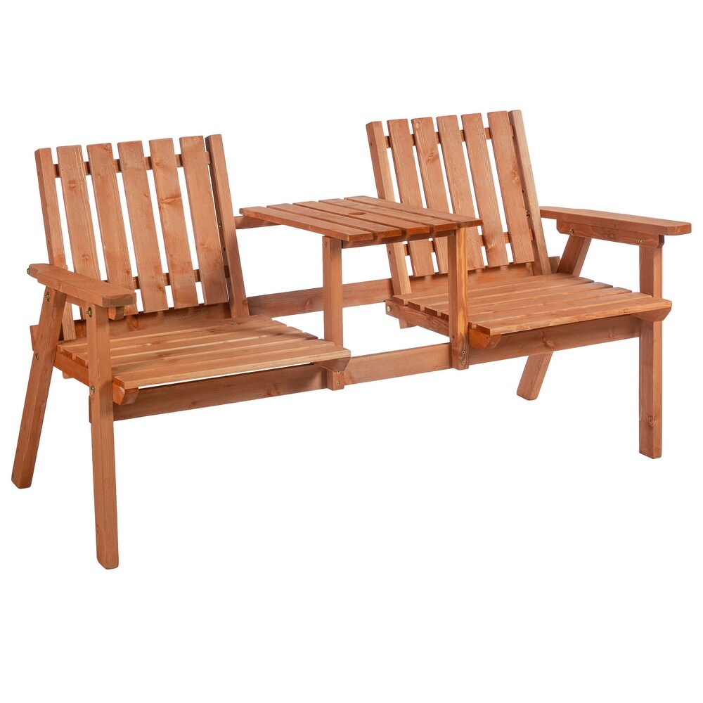 Outsunny Outdoor Patio Wooden Double Chair Garden Bench with Middle Table   Natural Weather Fighting Materials   60\