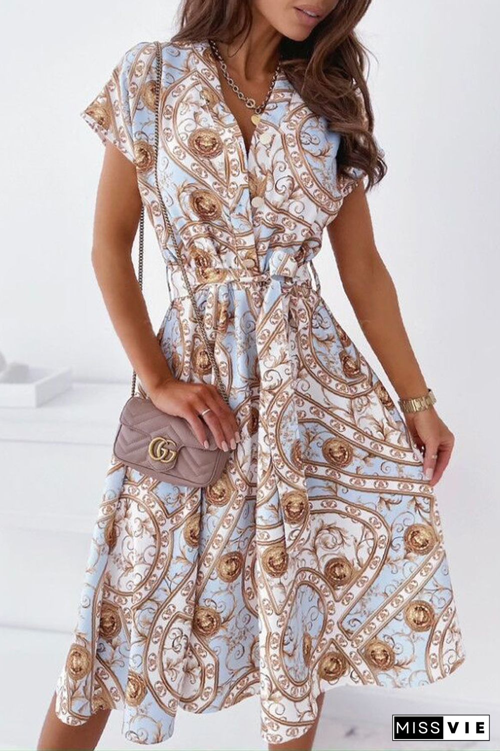 Celebrities Elegant Print Patchwork V Neck Shirt Dress Dresses