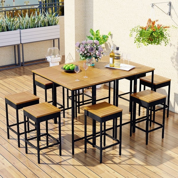 10-Piece Outdoor Patio Wicker Bar Set， Garden Steel Dining Sets with Foldable Tabletop - Overstock - 37561654