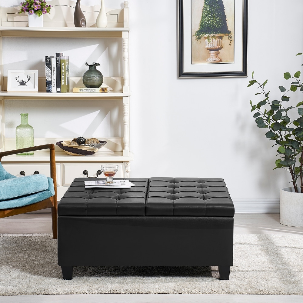 Simple Coffee Table Faux Leather Folding Storage Ottoman Bench Padded Seat with Rubberwood Legs for Lounge Living Room